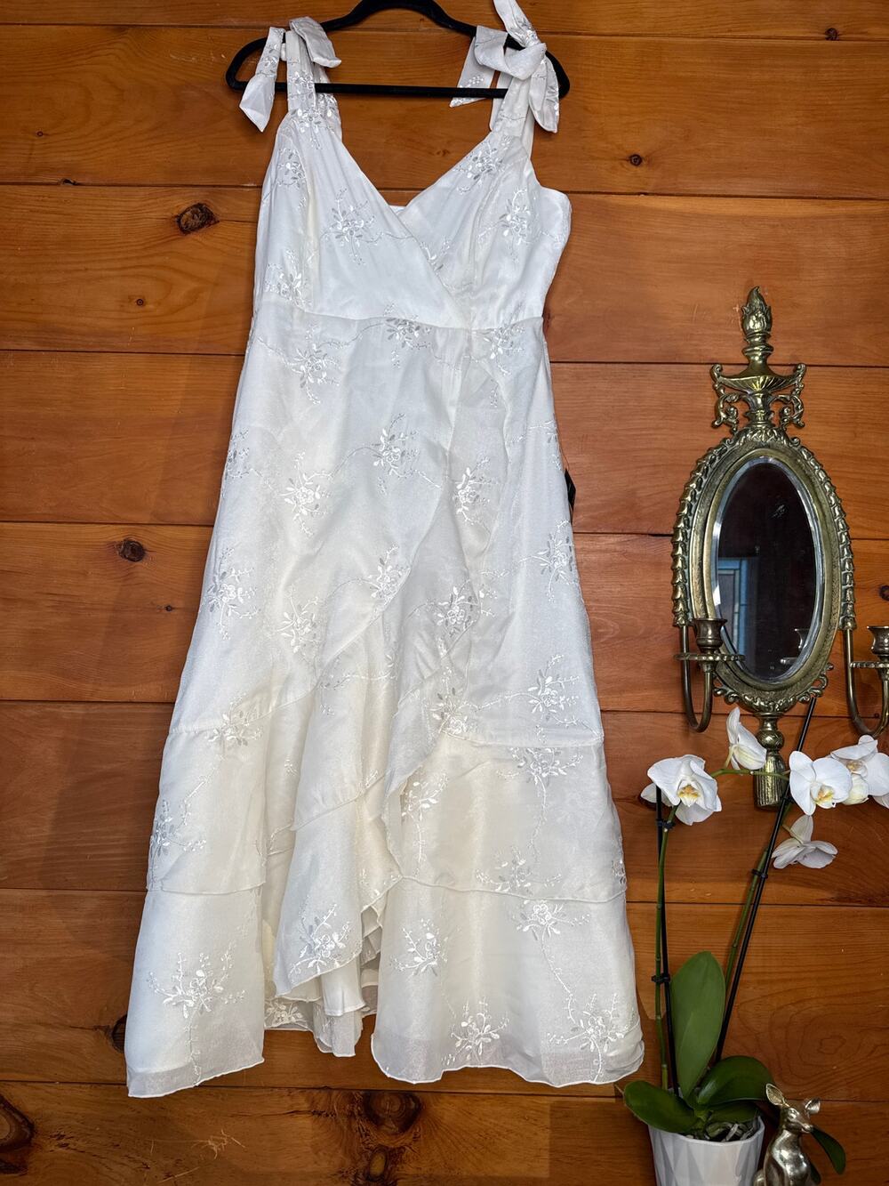 NWT Lulus Elegant Direction Ivory Embroidered Ruffled Tie-Strap Midi Dress Sz XL
